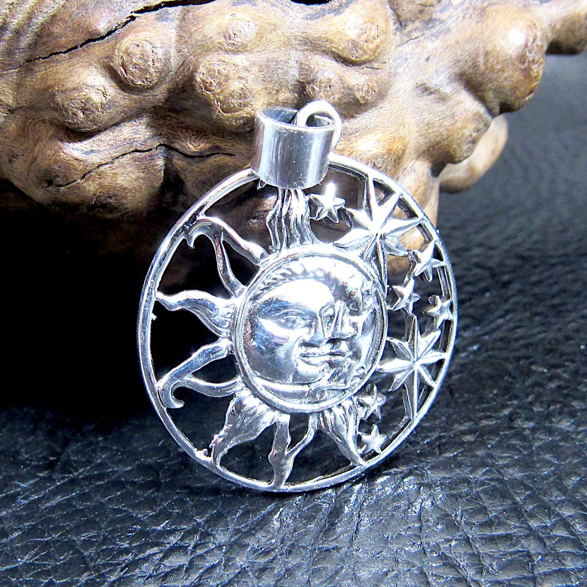 Solid 925 Sterling Silver Sun and Moon Faces, & 8 Stars Celestial Pendant, Handcrafted Cosmic Yin/Yang Amulet, Astrology Jewelry