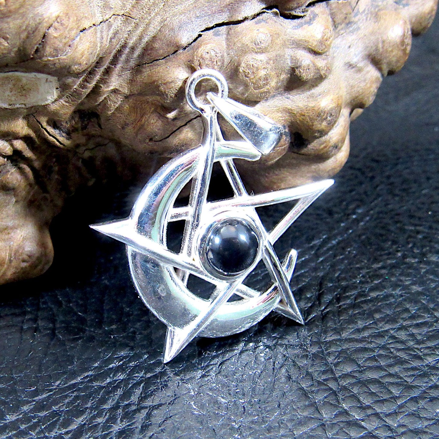 Solid 925 Sterling Silver Pagan Crescent Moon Pentagram Pendant With Gemstone; Purple Amethyst, Rainbow Moonstone, or Black Onyx