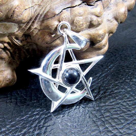 Solid 925 Sterling Silver Pagan Crescent Moon Pentagram Pendant With Gemstone; Purple Amethyst, Rainbow Moonstone, or Black Onyx