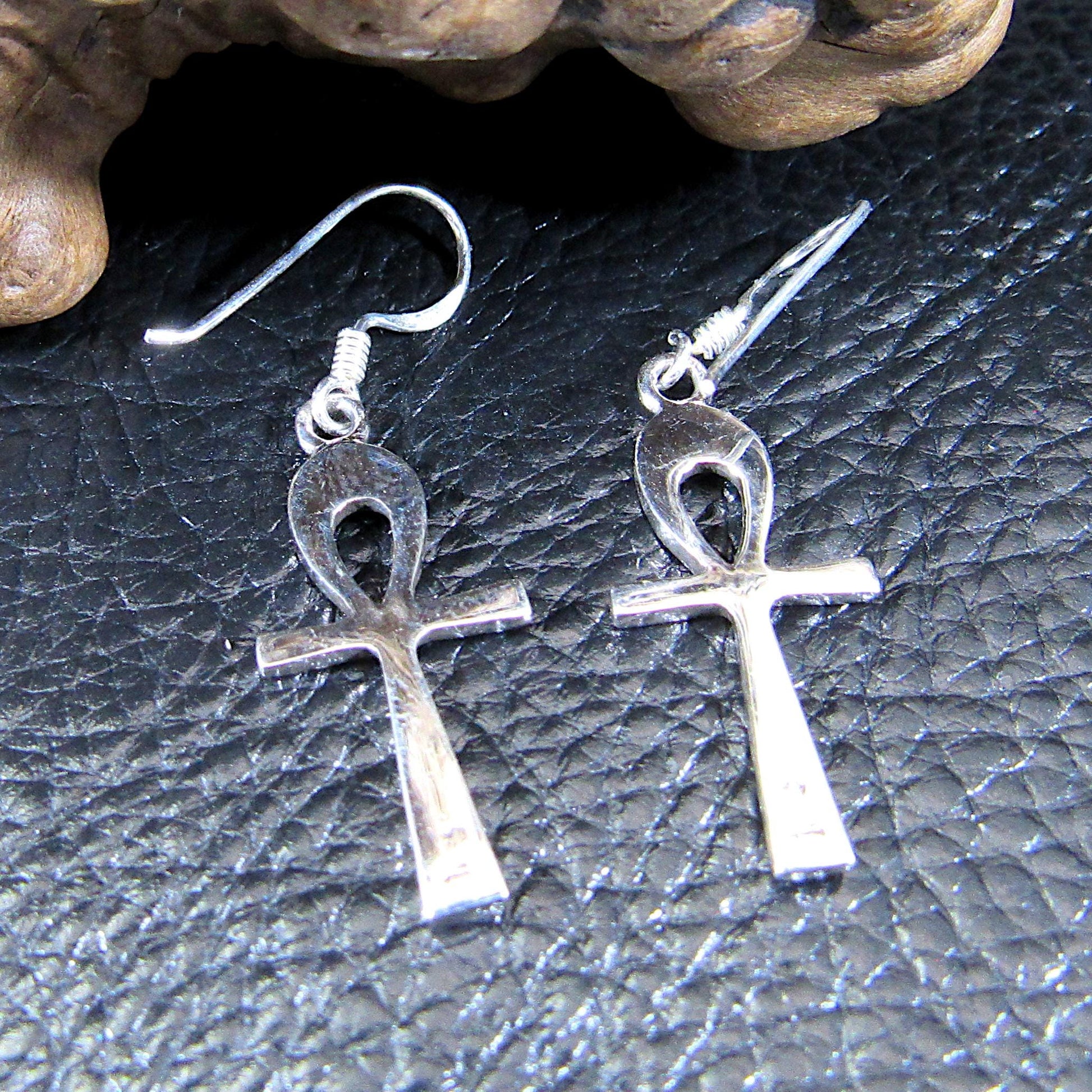 Solid 925 Sterling Silver Ankh Earrings – Egyptian Cross of Life, Gothic Occult Jewelry, Symbol of Eternal Life, Witchy Dangle Earrings