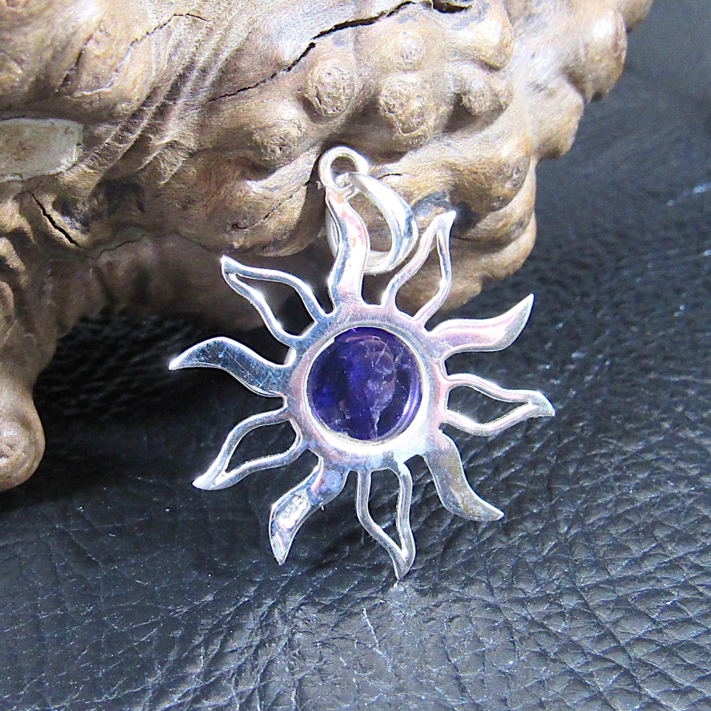 Solid 925 Sterling Silver Sunburst Pendant – Amethyst, Moonstone, or Copper Turquoise – Celestial Solar Jewelry, Witchy Protection Amulet