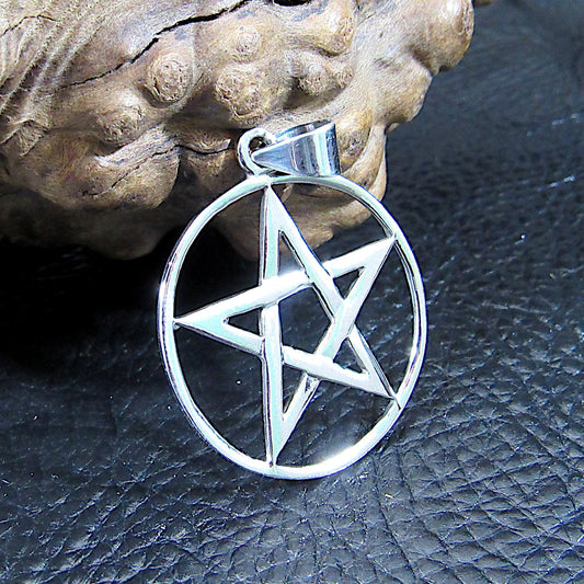 Medium Solid 925 Sterling Silver Pentagram Pendant – Wiccan Protection Amulet, Five-Pointed Star in Circle, Occult Pagan Symbol