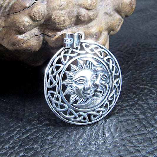 Solid 925 Sterling Silver Celtic Crescent Moon & Sun Faces Pendant - Cosmic Necklace Charm - Handcrafted Celestial / Astrology Jewelry