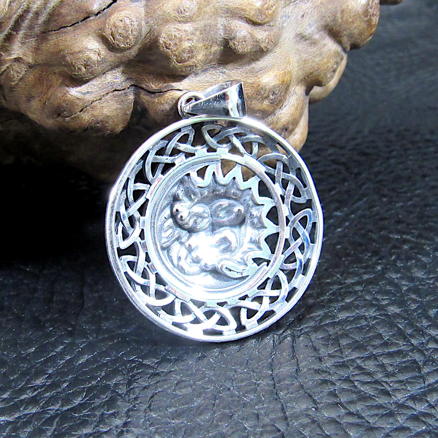 Solid 925 Sterling Silver Celtic Crescent Moon & Sun Faces Pendant - Cosmic Necklace Charm - Handcrafted Celestial / Astrology Jewelry