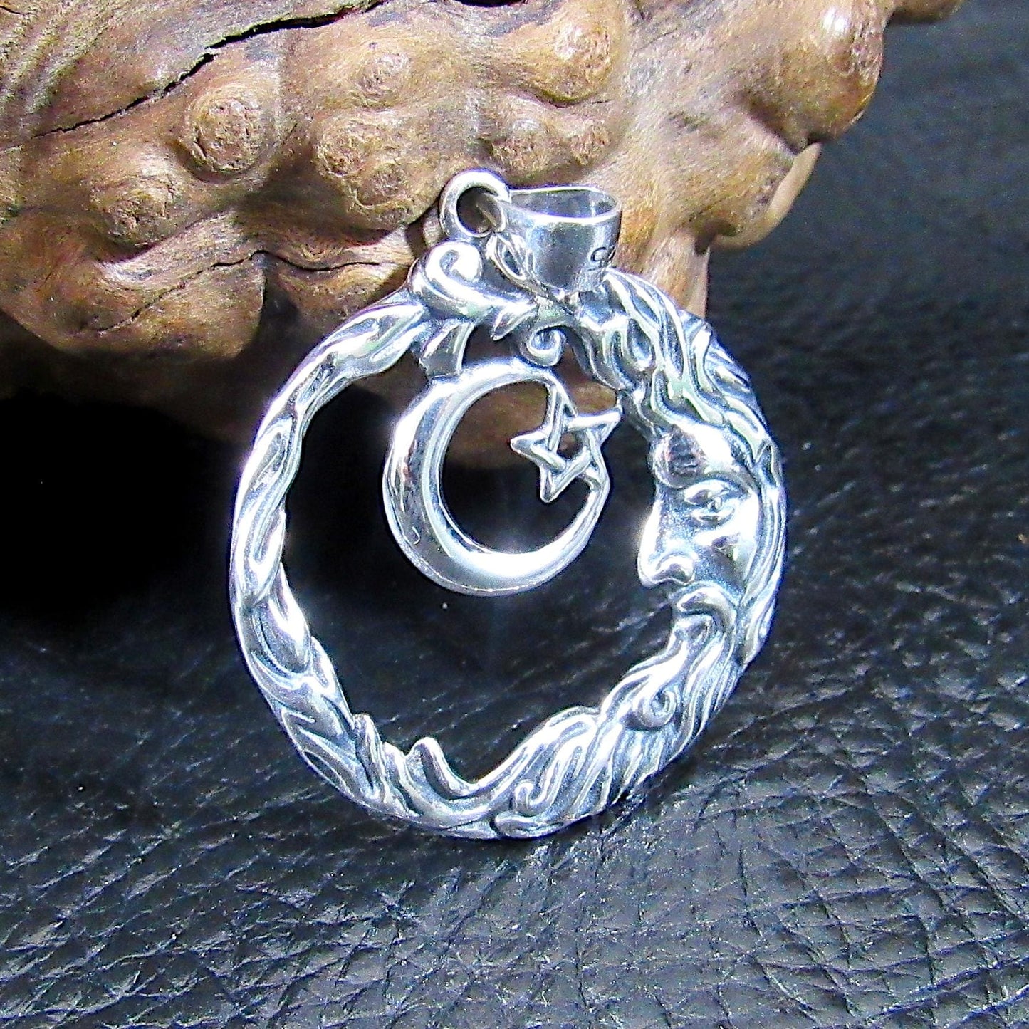 Solid 925 Sterling Silver Wiccan Crescent Moon Face and Star Pendant, Cosmic Celestial Amulet, Pagan Moon Jewelry, Witchy Witch Gift Idea