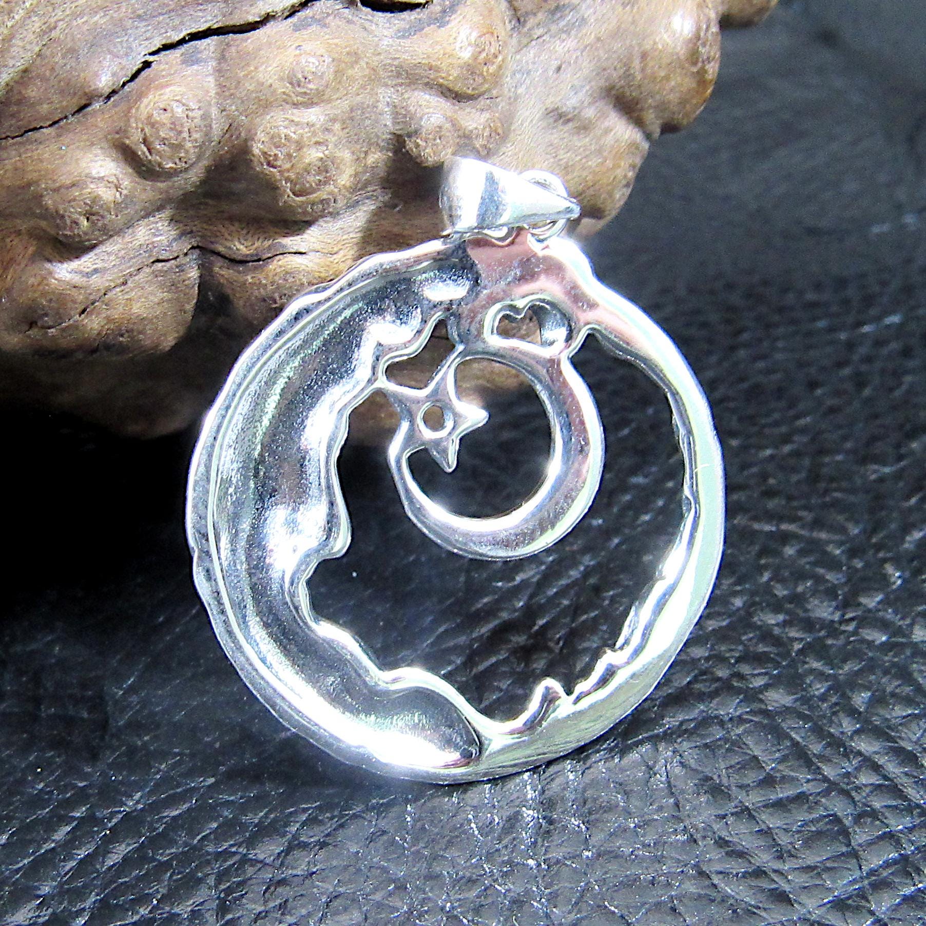 Solid 925 Sterling Silver Wiccan Crescent Moon Face and Star Pendant, Cosmic Celestial Amulet, Pagan Moon Jewelry, Witchy Witch Gift Idea