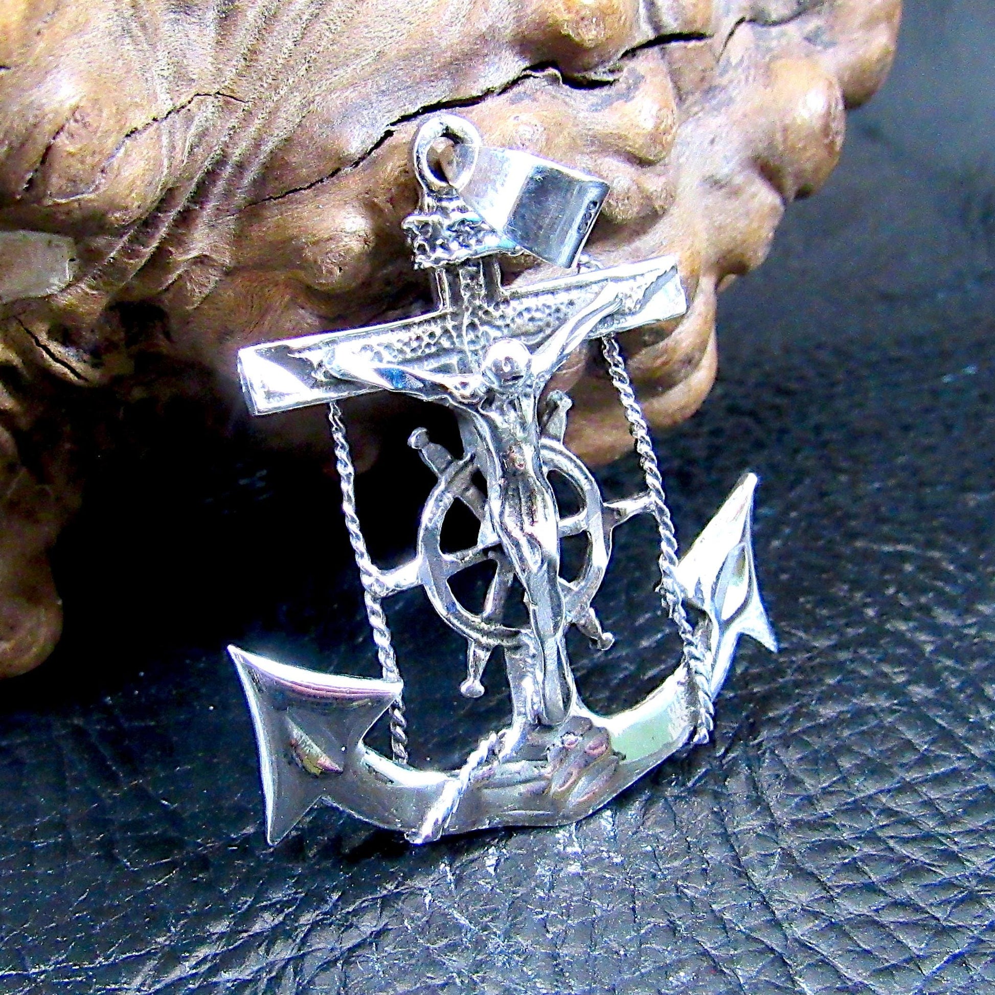 Solid 925 Sterling Silver Anchor Crucifix Pendant – Nautical Necklace Pendant, Jesus on Cross with Ship Helm, Faith & Maritime Jewelry