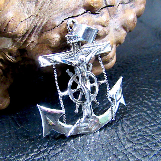 Solid 925 Sterling Silver Anchor Crucifix Pendant – Nautical Necklace Pendant, Jesus on Cross with Ship Helm, Faith & Maritime Jewelry