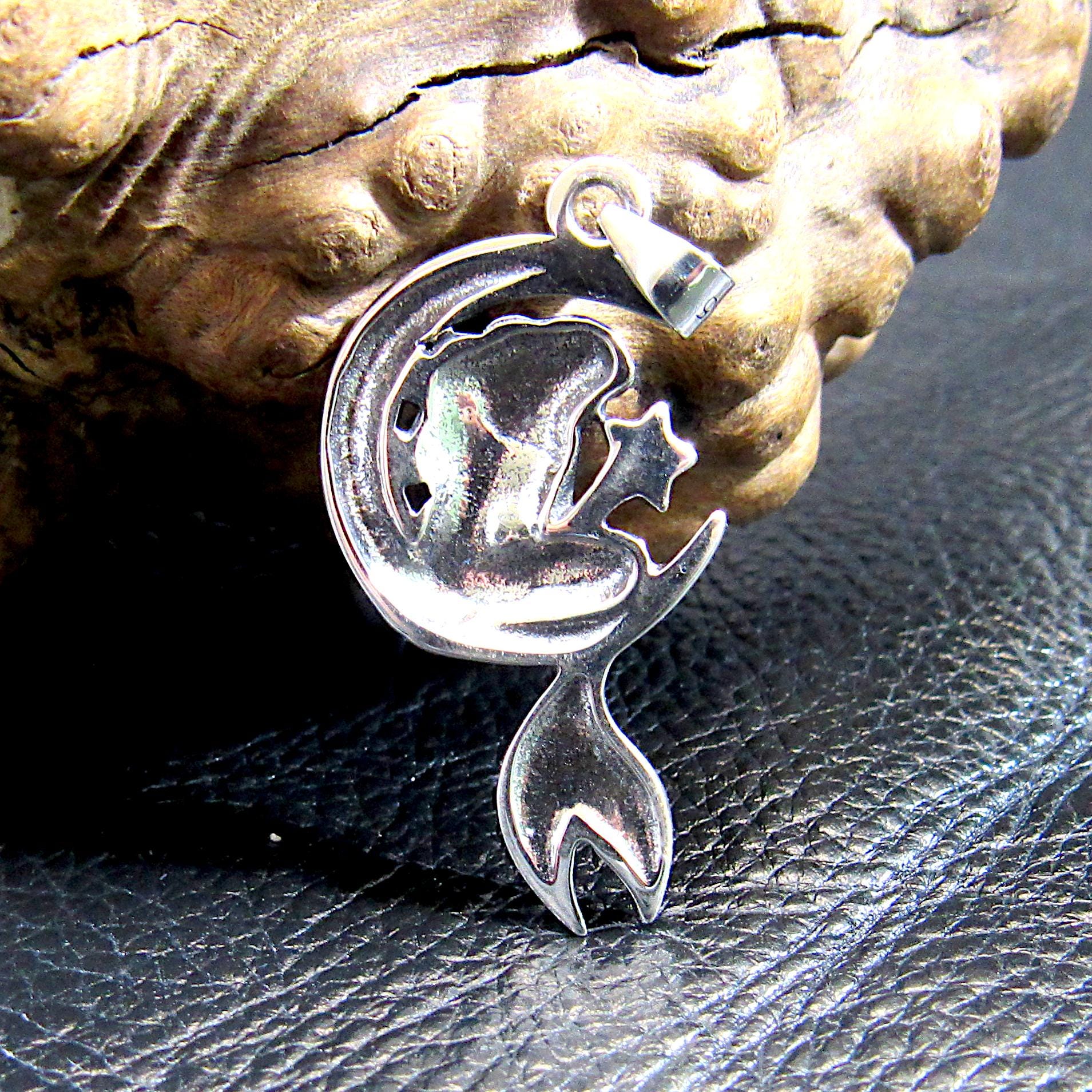 Solid 925 Sterling Silver Mermaid on Crescent Moon Pendant, Handcrafted Cosmic & Nautical Charm, Ocean Life Jewelry, Celestial Lunar Amulet