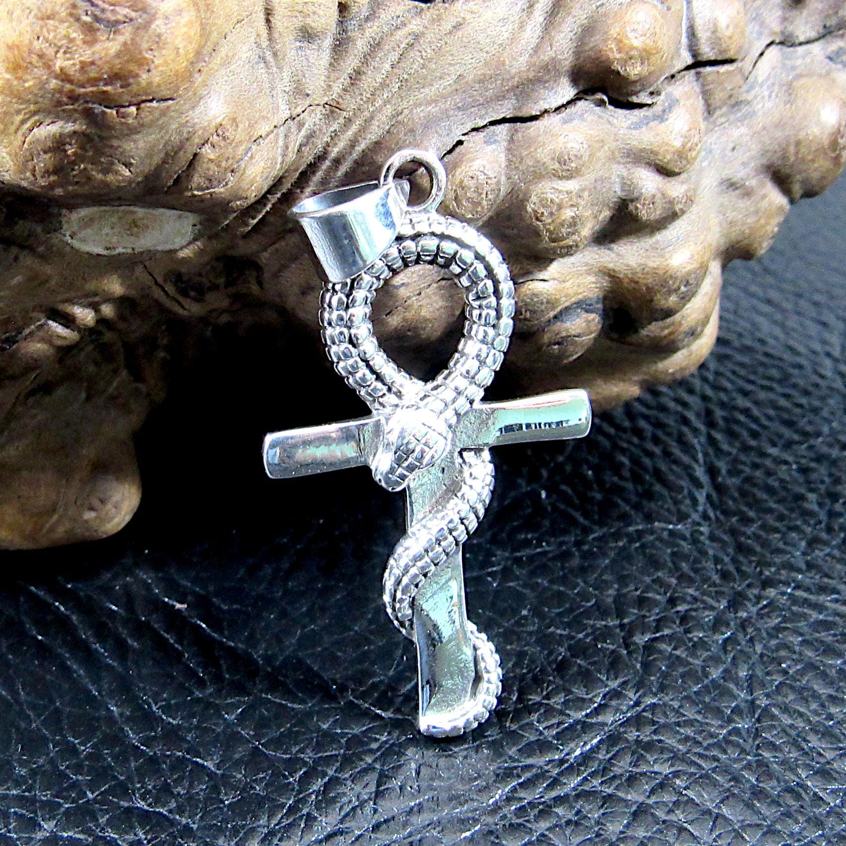 Solid 925 Sterling Silver Ankh Pendant with Snake – Egyptian Symbol of Life & Power, Serpent Cross, Gothic Occult Jewelry, Protection Amulet