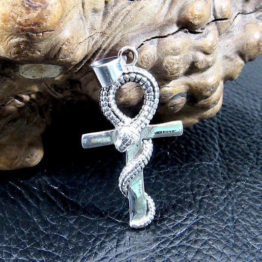 Solid 925 Sterling Silver Ankh Pendant with Snake – Egyptian Symbol of Life & Power, Serpent Cross, Gothic Occult Jewelry, Protection Amulet