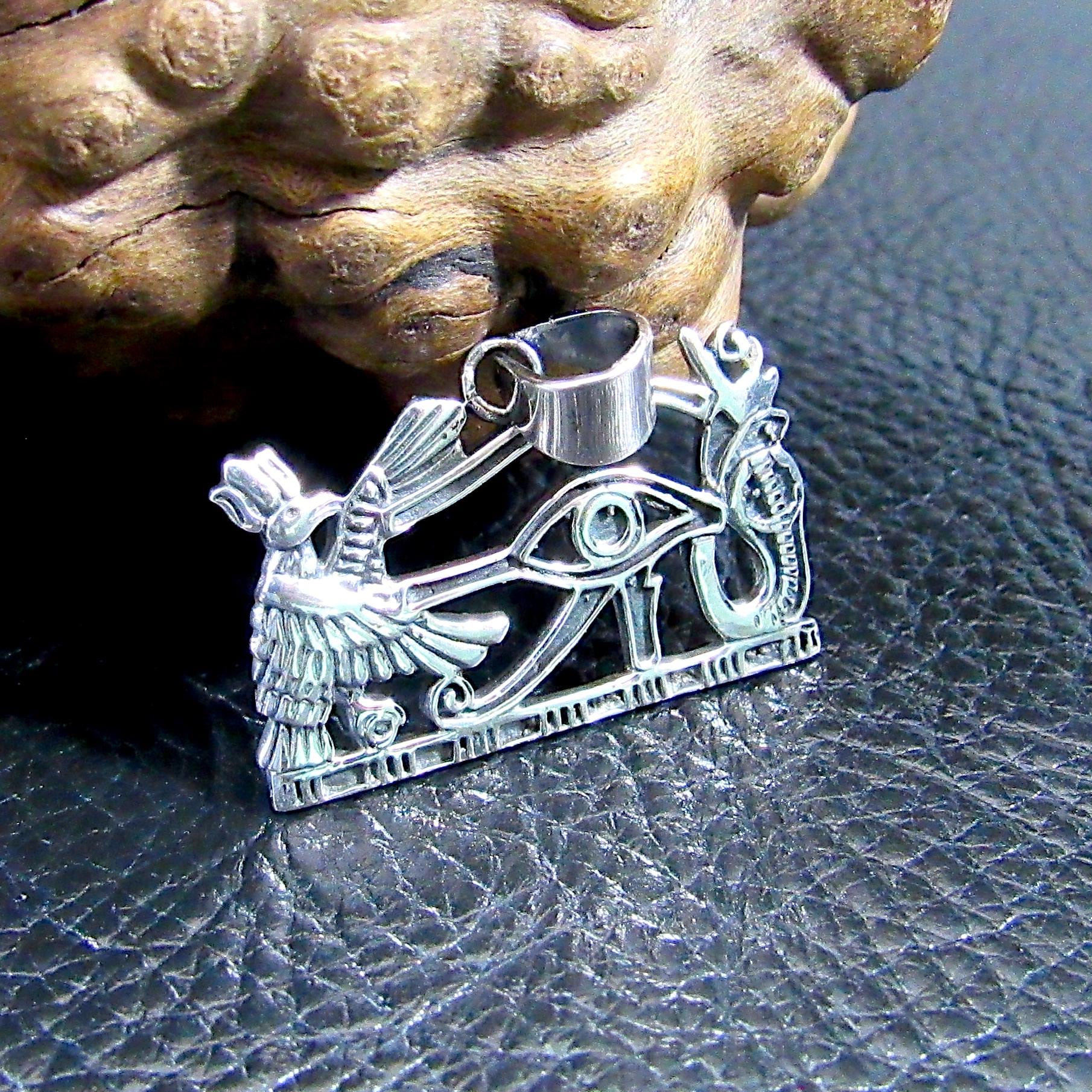 Solid 925 Sterling Silver Eye of Horus Pendant – Handcrafted Egyptian Symbol of Protection, Power, Health, Ancient Amulet with Falcon & Ankh