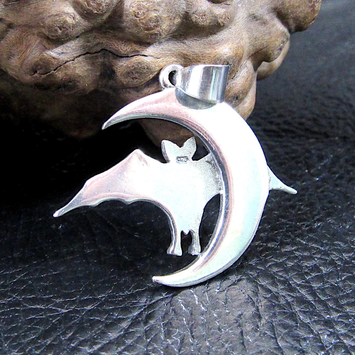 Solid 925 Sterling Silver Bat and Crescent Moon Pendant – Gothic Vampire Necklace Pendant, Occult Jewelry, Halloween Gift for Men & Women