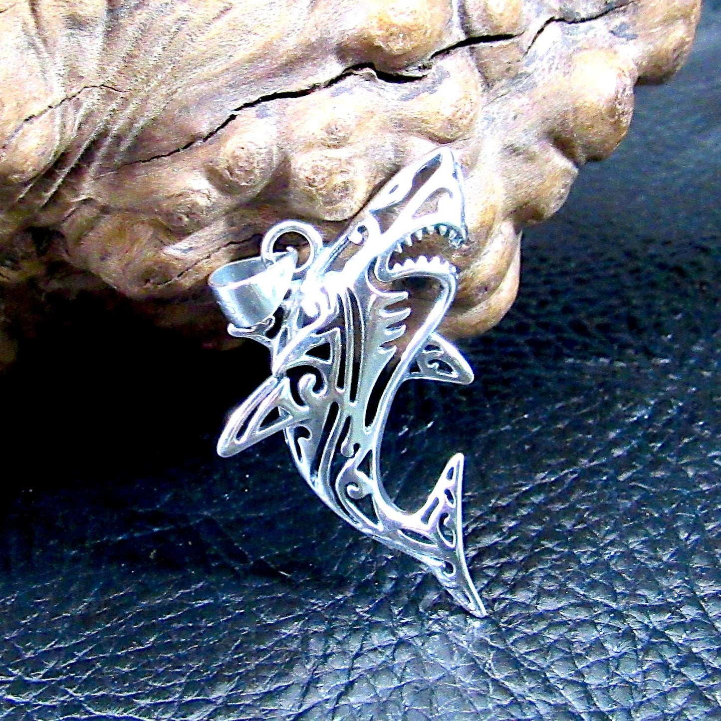 Solid 925 Sterling Silver Shark Pendant – Tribal Style Ocean Necklace Charm – Jewelry Gift for Surfer – Sea Life Amulet for Men or Women
