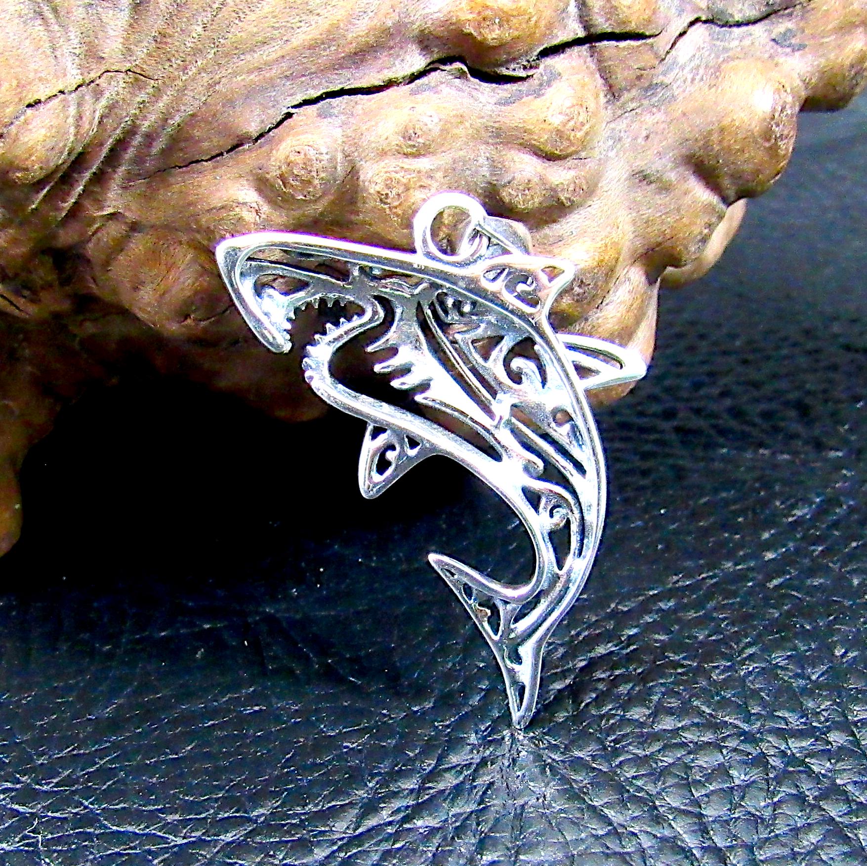 Solid 925 Sterling Silver Shark Pendant – Tribal Style Ocean Necklace Charm – Jewelry Gift for Surfer – Sea Life Amulet for Men or Women