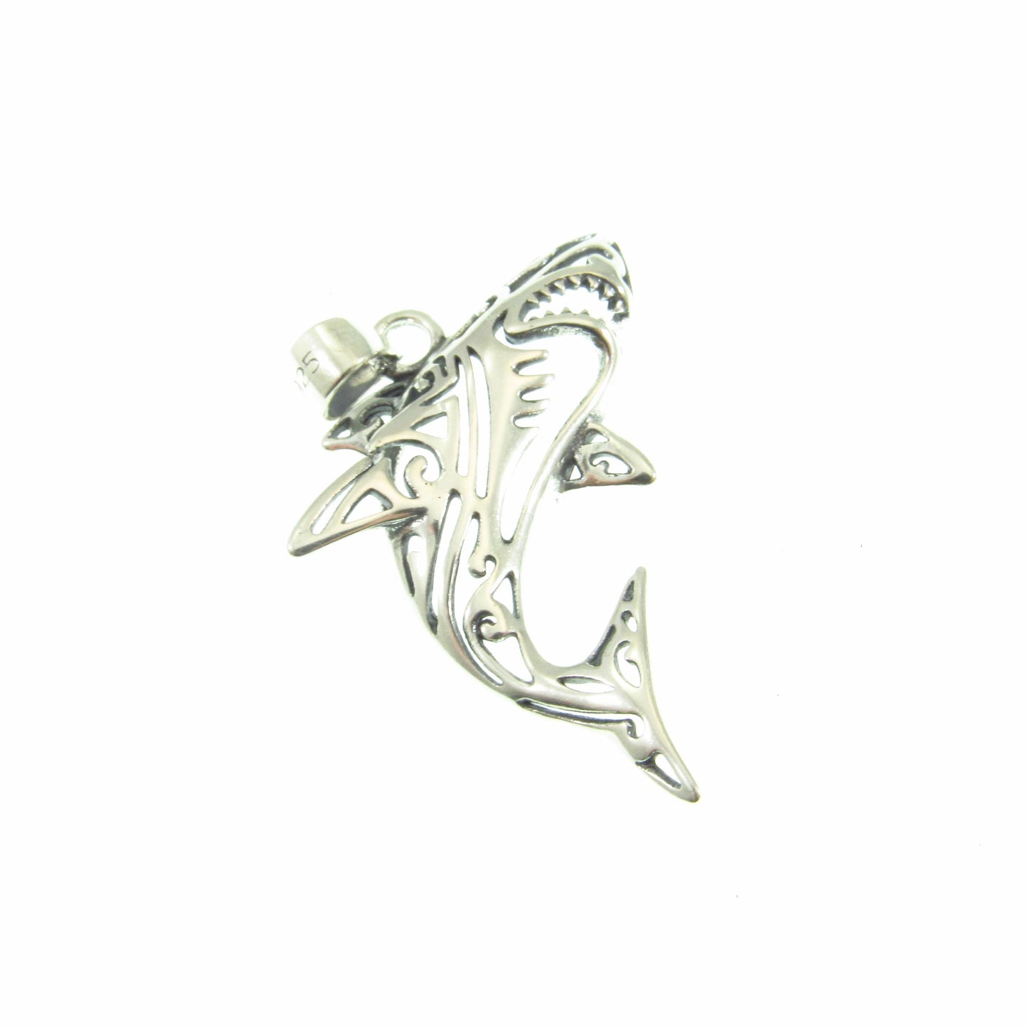 Solid 925 Sterling Silver Shark Pendant – Tribal Style Ocean Necklace Charm – Jewelry Gift for Surfer – Sea Life Amulet for Men or Women