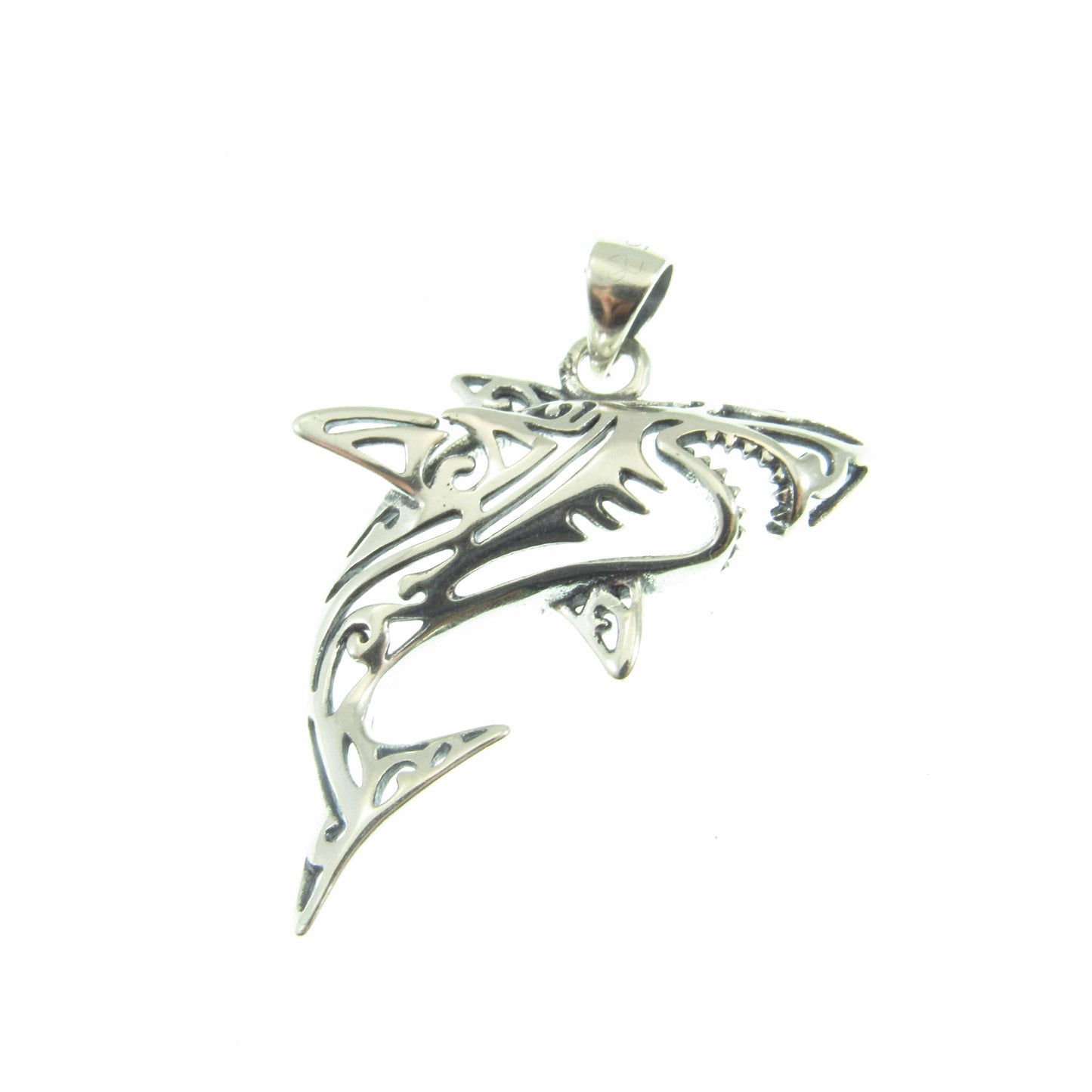 Solid 925 Sterling Silver Shark Pendant – Tribal Style Ocean Necklace Charm – Jewelry Gift for Surfer – Sea Life Amulet for Men or Women