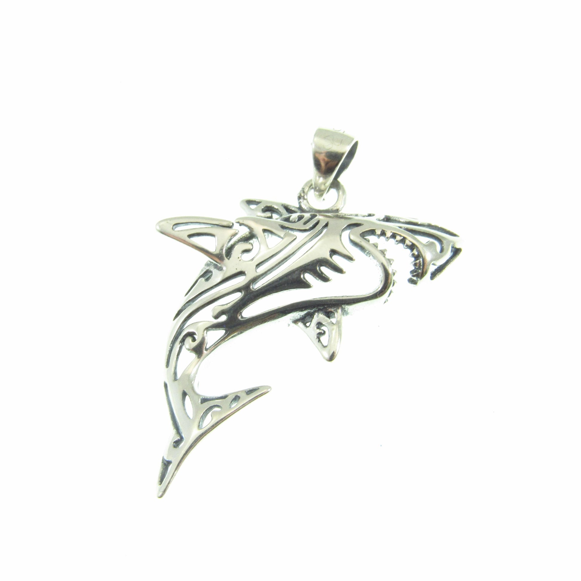 Solid 925 Sterling Silver Shark Pendant – Tribal Style Ocean Necklace Charm – Jewelry Gift for Surfer – Sea Life Amulet for Men or Women