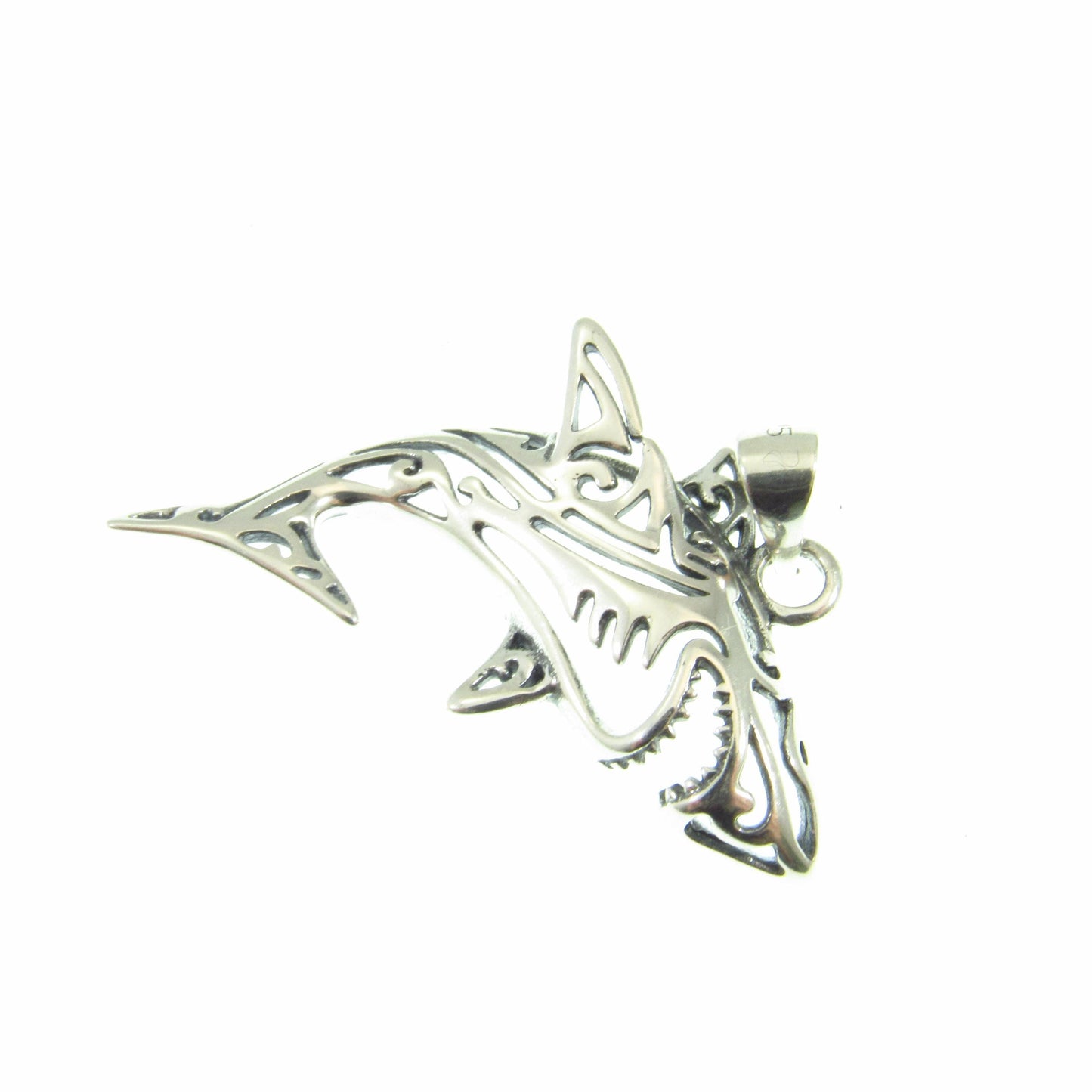 Solid 925 Sterling Silver Shark Pendant – Tribal Style Ocean Necklace Charm – Jewelry Gift for Surfer – Sea Life Amulet for Men or Women