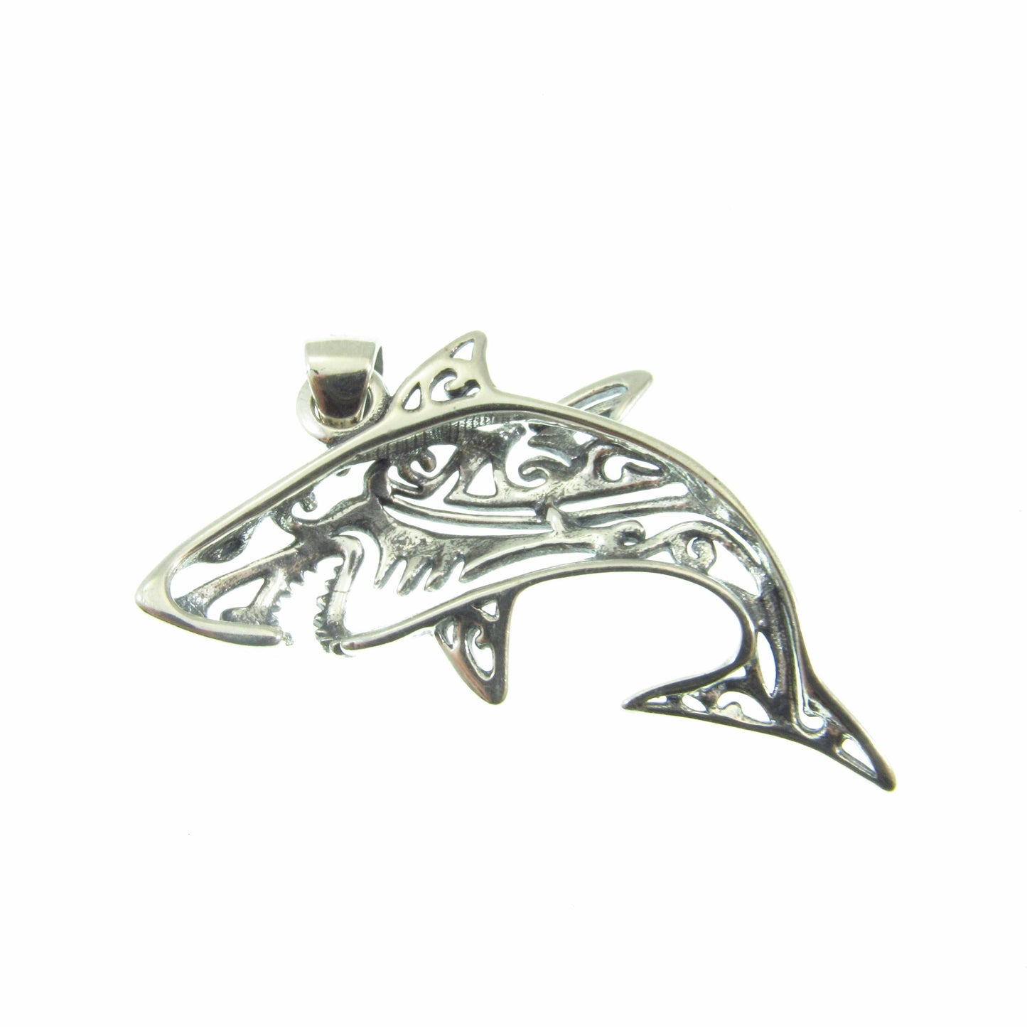 Solid 925 Sterling Silver Shark Pendant – Tribal Style Ocean Necklace Charm – Jewelry Gift for Surfer – Sea Life Amulet for Men or Women