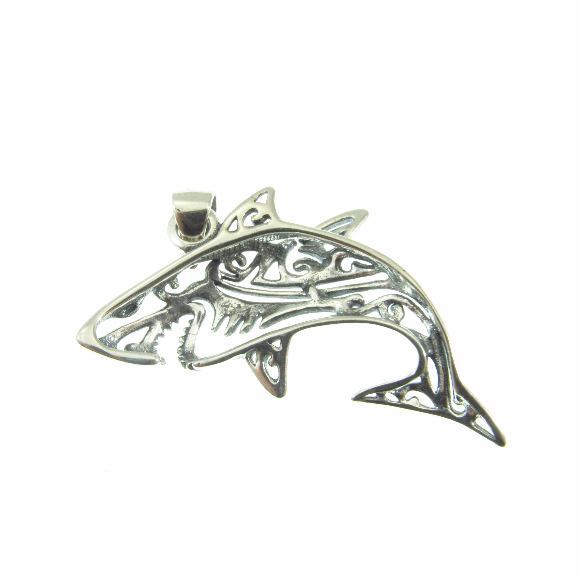 Solid 925 Sterling Silver Shark Pendant – Tribal Style Ocean Necklace Charm – Gift for Surfer