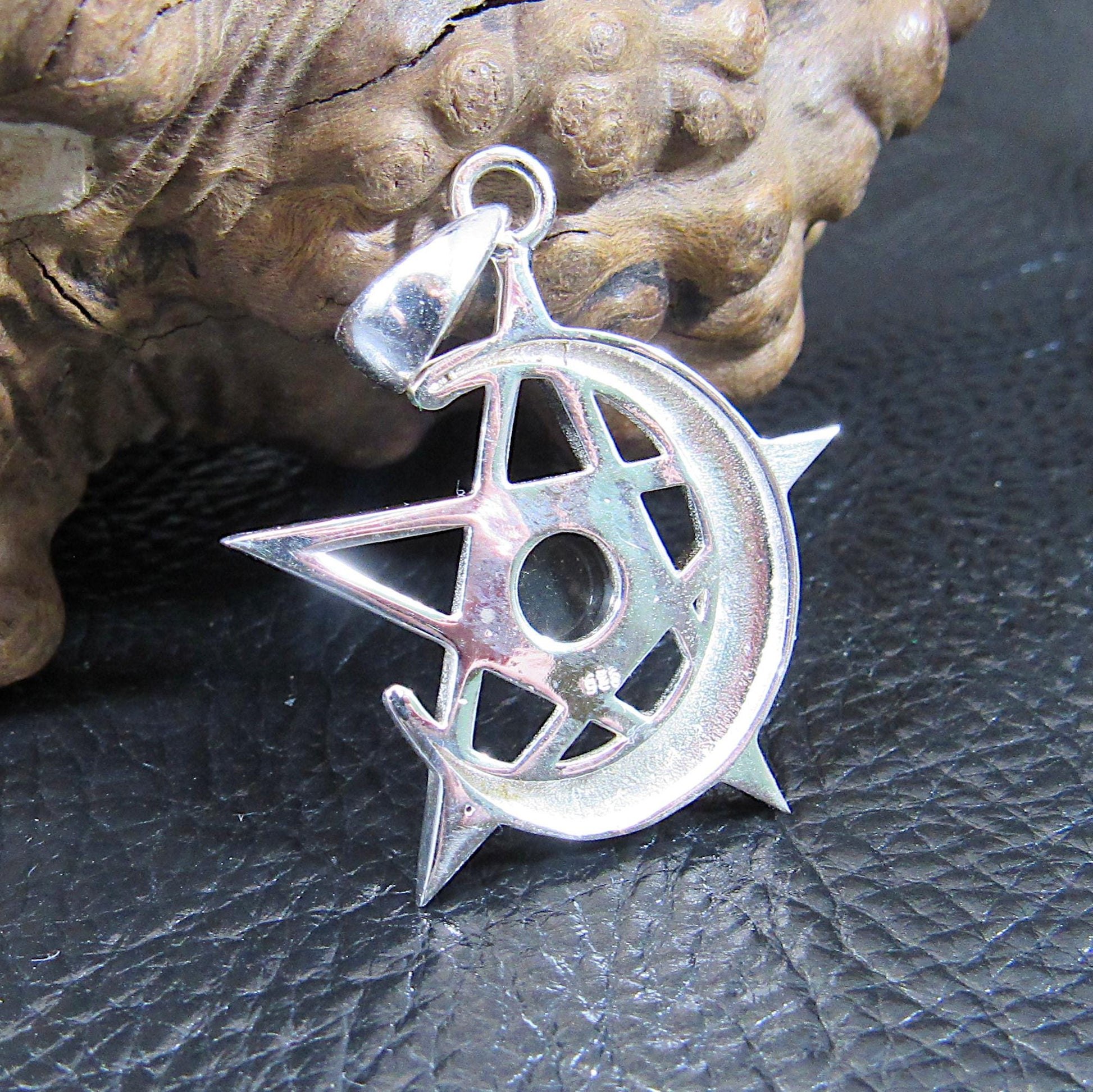 Solid 925 Sterling Silver Pagan Crescent Moon Pentagram Pendant With Gemstone; Purple Amethyst, Rainbow Moonstone, or Black Onyx