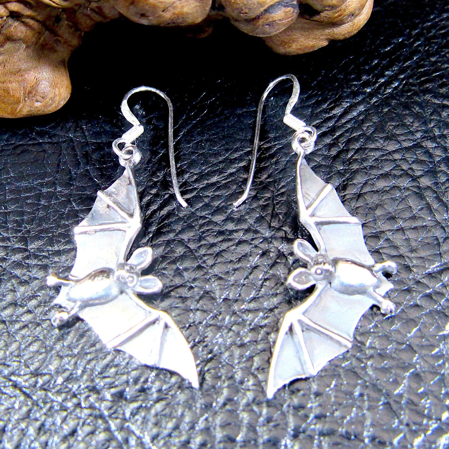 Solid 925 Sterling Silver Vampire Bat Earrings, Handcrafted Drop Dangle Hook Earrings, Spooky Halloween Jewelry, Winged Witchcore Bats