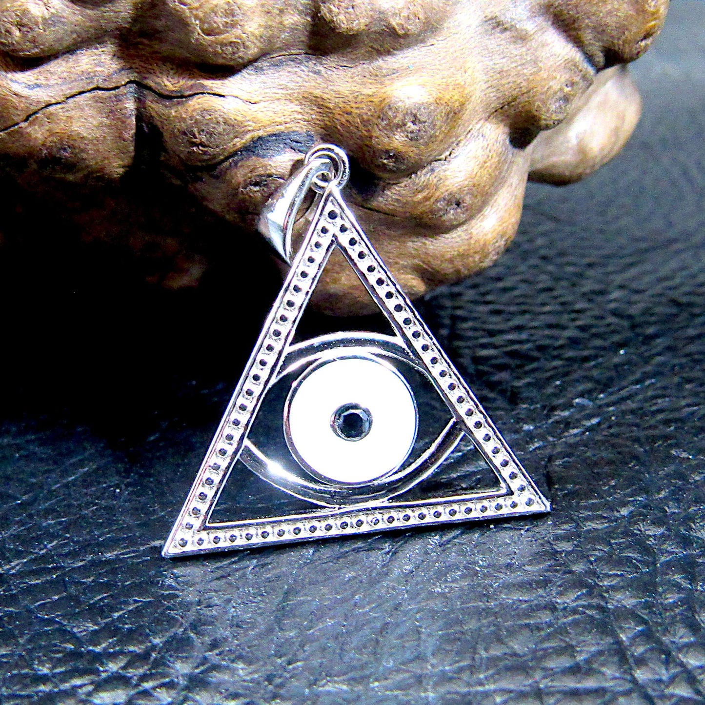 Solid 925 Sterling Silver and Blue or White Opal Eye of Providence Pyramid Pendant, Handcrafted All Seeing Eye in Triangle Charm