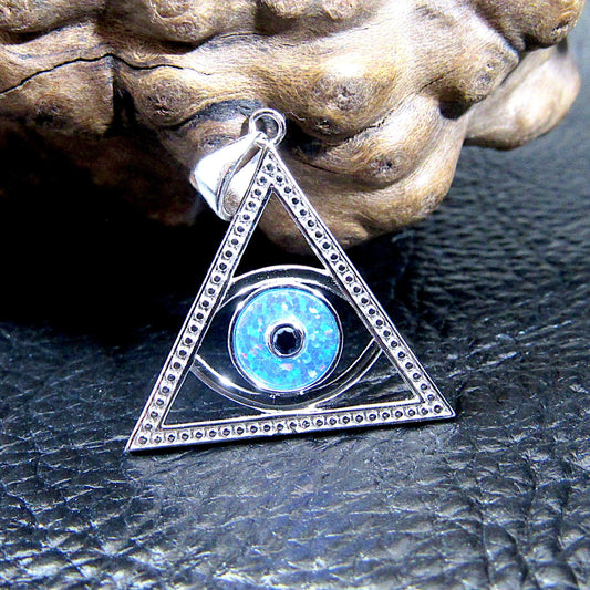 Solid 925 Sterling Silver and Blue or White Opal Eye of Providence Pyramid Pendant, Handcrafted All Seeing Eye in Triangle Charm