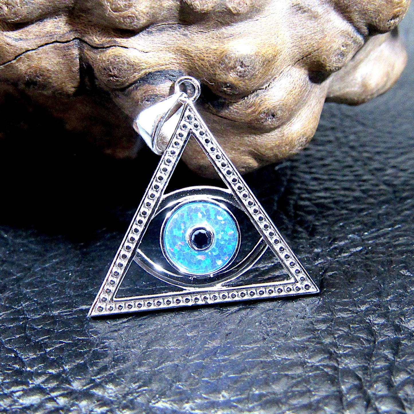 Solid 925 Sterling Silver and Blue or White Opal Eye of Providence Pyramid Pendant, Handcrafted All Seeing Eye in Triangle Charm