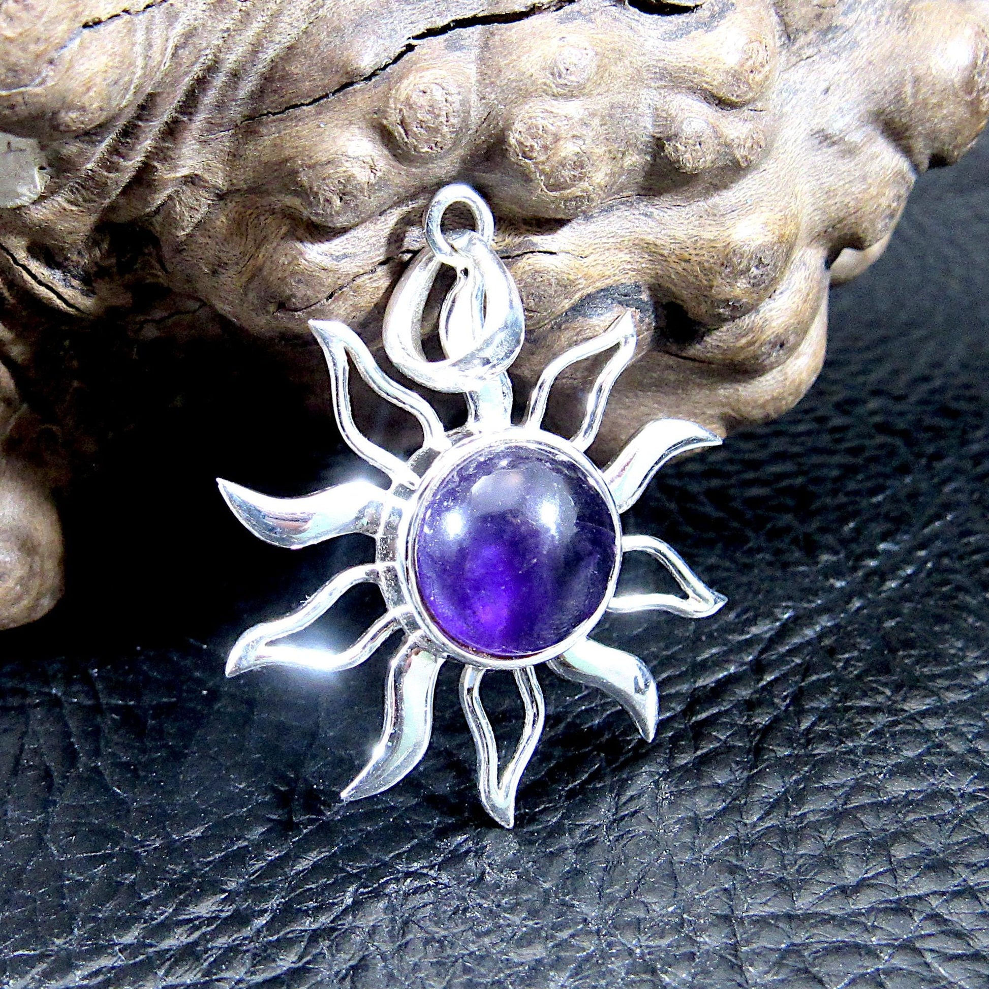 Solid 925 Sterling Silver Sunburst Pendant – Amethyst, Moonstone, or Copper Turquoise – Celestial Solar Jewelry, Witchy Protection Amulet