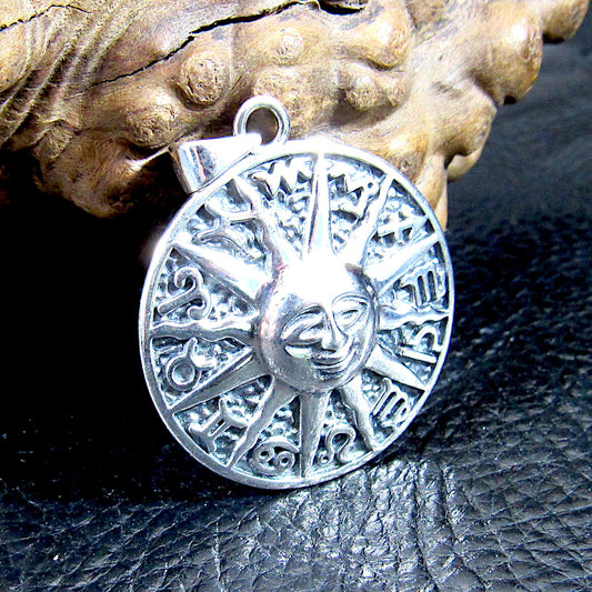 Solid 925 Sterling Silver Zodiac Sun Pendant – Astrology Necklace Amulet, Celestial Horoscope Charm, Handcrafted Boho Star Sign Jewelry