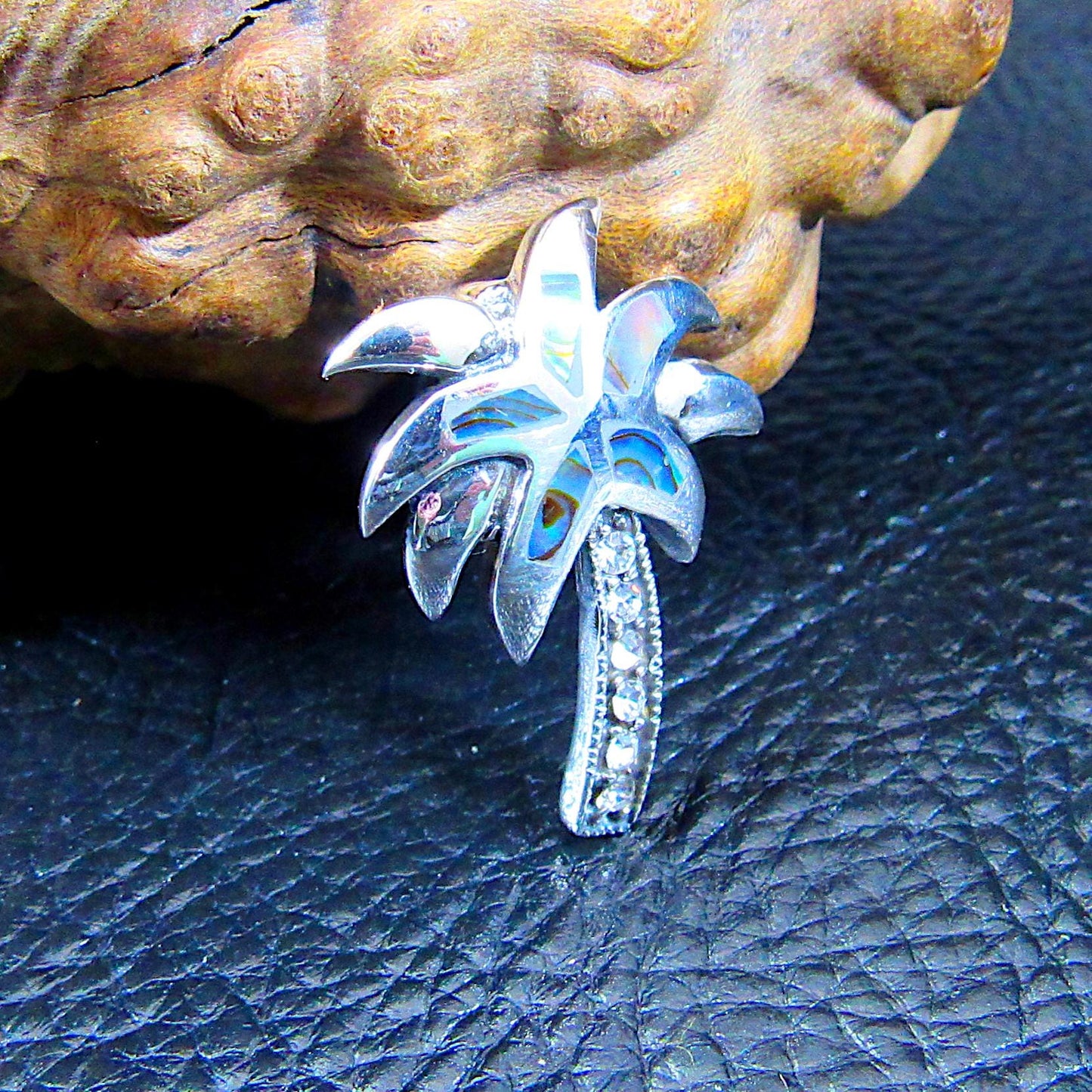 Solid 925 Sterling Silver Rainbow Paua Shell Palm Tree Slide Pendant, Handcrafted Abalone Shell Jewelry, Summer & Beach Interest