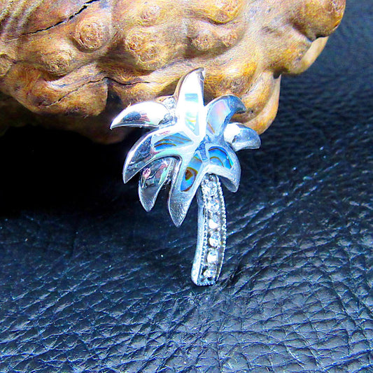 Solid 925 Sterling Silver Rainbow Paua Shell Palm Tree Slide Pendant, Handcrafted Abalone Shell Jewelry, Summer & Beach Interest