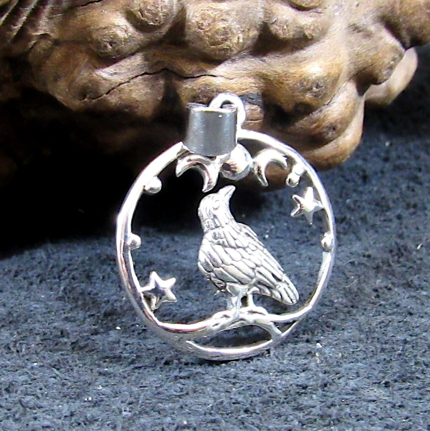 Solid 925 Sterling Silver Raven and Crescent Moon Pendant – Crow Totem with Stars – Witchy Gothic Bird Jewelry – Wiccan Pagan Necklace Charm