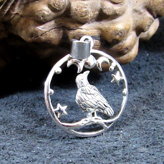 Solid 925 Sterling Silver Raven and Crescent Moon Pendant – Crow Totem with Stars – Witchy Gothic Bird Jewelry – Wiccan Pagan Necklace Charm
