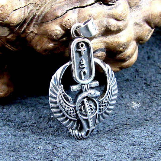 Solid 925 Sterling Silver Egyptian Cartouche Pendant – Winged Cobra and Ankh Symbol – Kemet Protection Talisman – Occult Snake Jewelry