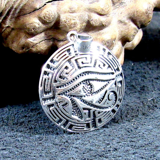 Solid 925 Sterling Silver Greek Key Pendant - Meander Amulet - Egyptian Eye of Horus Talisman - Esoteric Geometric Jewelry