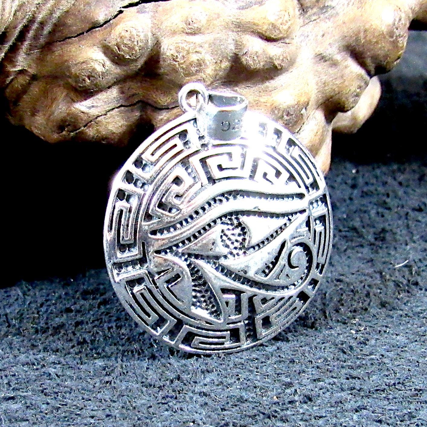 Solid 925 Sterling Silver Greek Key Pendant - Meander Amulet - Egyptian Eye of Horus Talisman - Esoteric Geometric Jewelry