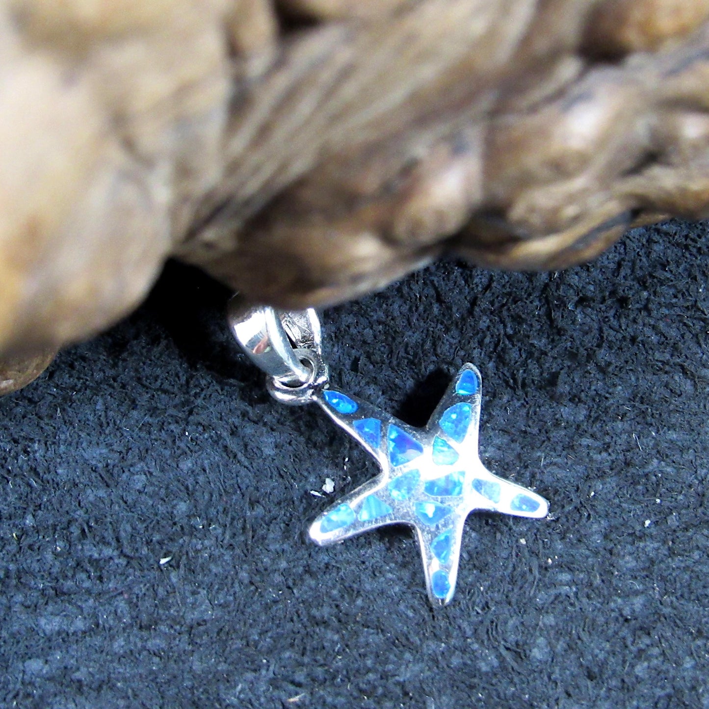 Solid 925 Sterling Silver Starfish Pendant - Blue or White Opal Inlay - Tropical Beach Charm, Nautical Jewelry, Sea Life Necklace Pendant