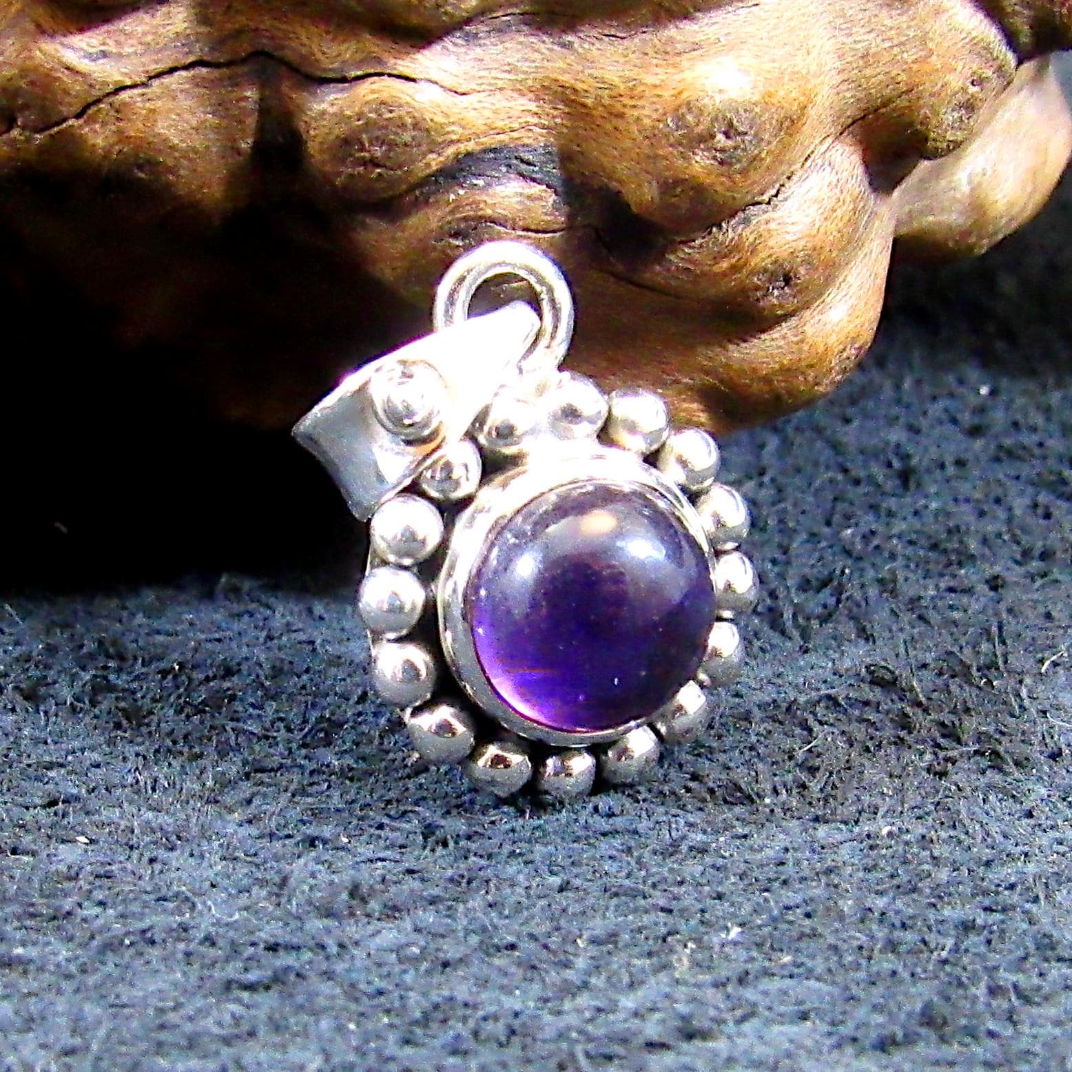 Solid 925 Sterling Silver Round Amethyst Pendant, Handcrafted Small Drop Charm, Deep Purple Cabochon Gemstone, Beaded Balinese Jewelry