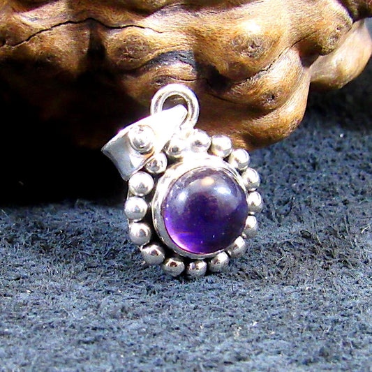 Solid 925 Sterling Silver Round Amethyst Pendant, Handcrafted Small Drop Charm, Deep Purple Cabochon Gemstone, Beaded Balinese Jewelry