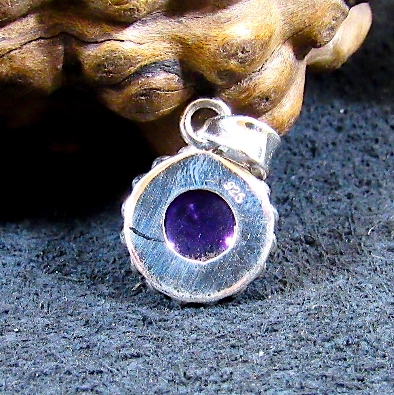 Solid 925 Sterling Silver Round Amethyst Pendant, Handcrafted Small Drop Charm, Deep Purple Cabochon Gemstone, Beaded Balinese Jewelry