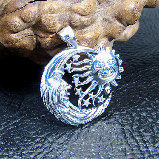 Solid 925 Sterling Silver Sun & Moon Pendant with Stars – Handcrafted Celestial Jewelry – Astrology Charm – Cosmic Sun Face Necklace Pendant