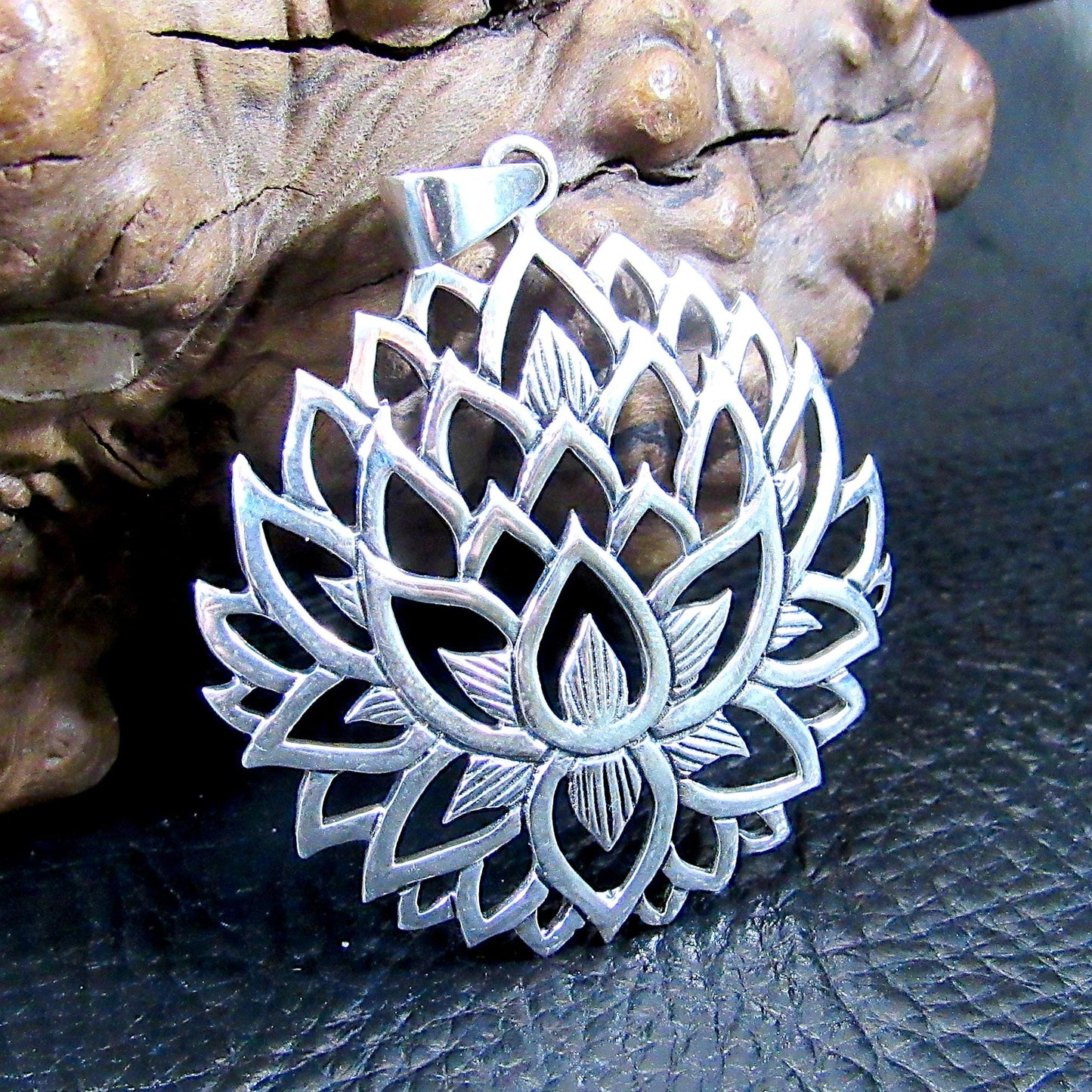 Solid 925 Sterling Silver Lotus Pendant – Large Sacred Flower Amulet, Yoga Spiritual Jewelry, Symbol of Enlightenment, Boho Gift for Her