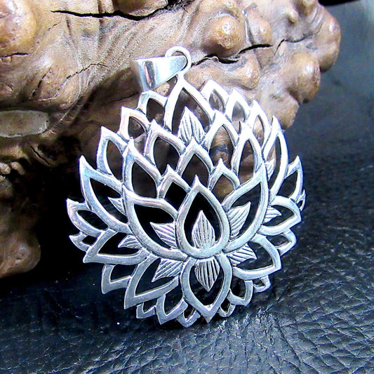 Solid 925 Sterling Silver Lotus Pendant – Large Sacred Flower Amulet, Yoga Spiritual Jewelry, Symbol of Enlightenment, Boho Gift for Her