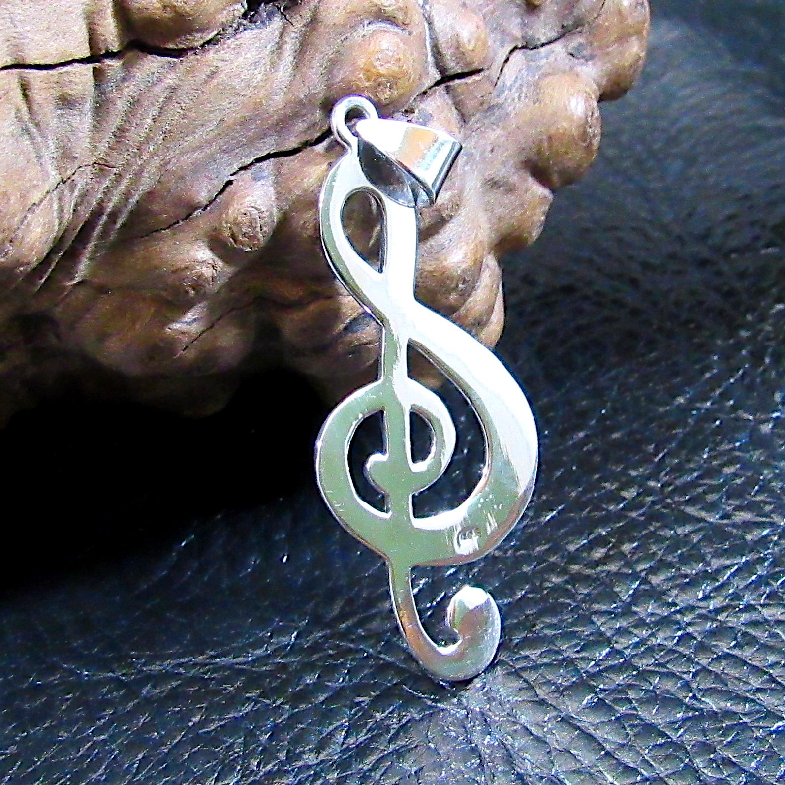 Solid 925 Sterling Silver Treble Clef Pendant, Handcrafted French Violon G Clef Musical Jewelry, Music Note Necklace Charm