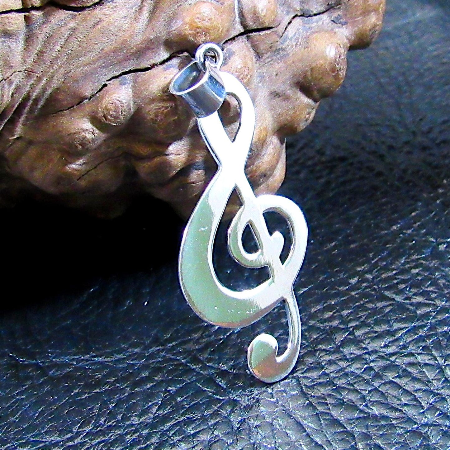Solid 925 Sterling Silver Treble Clef Pendant, Handcrafted French Violon G Clef Musical Jewelry, Music Note Necklace Charm