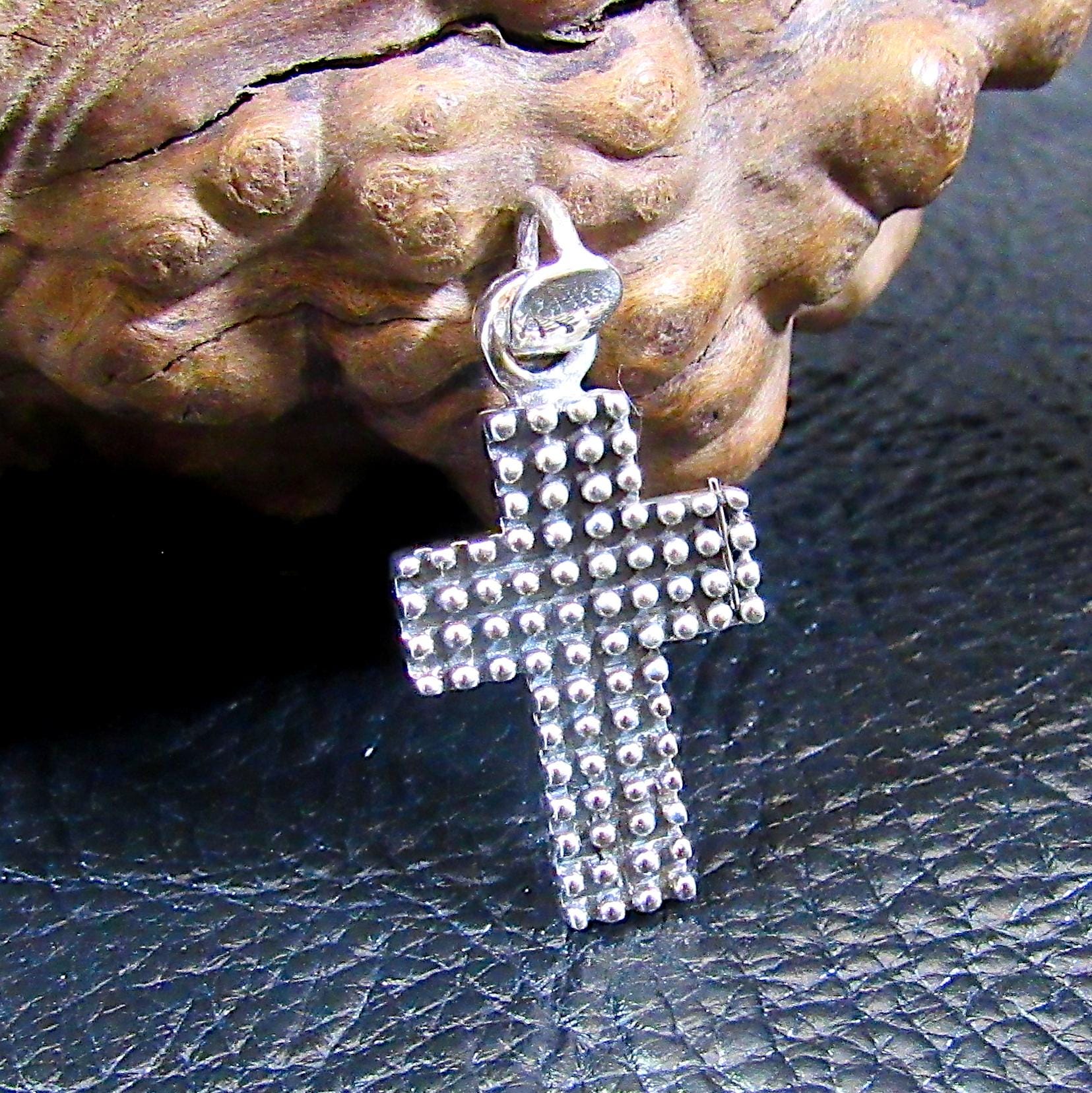 Solid 925 Sterling Silver Studded Cross - Textured Pendant, Handcrafted Religious Jewelry, Minimalist Christian Necklace Charm