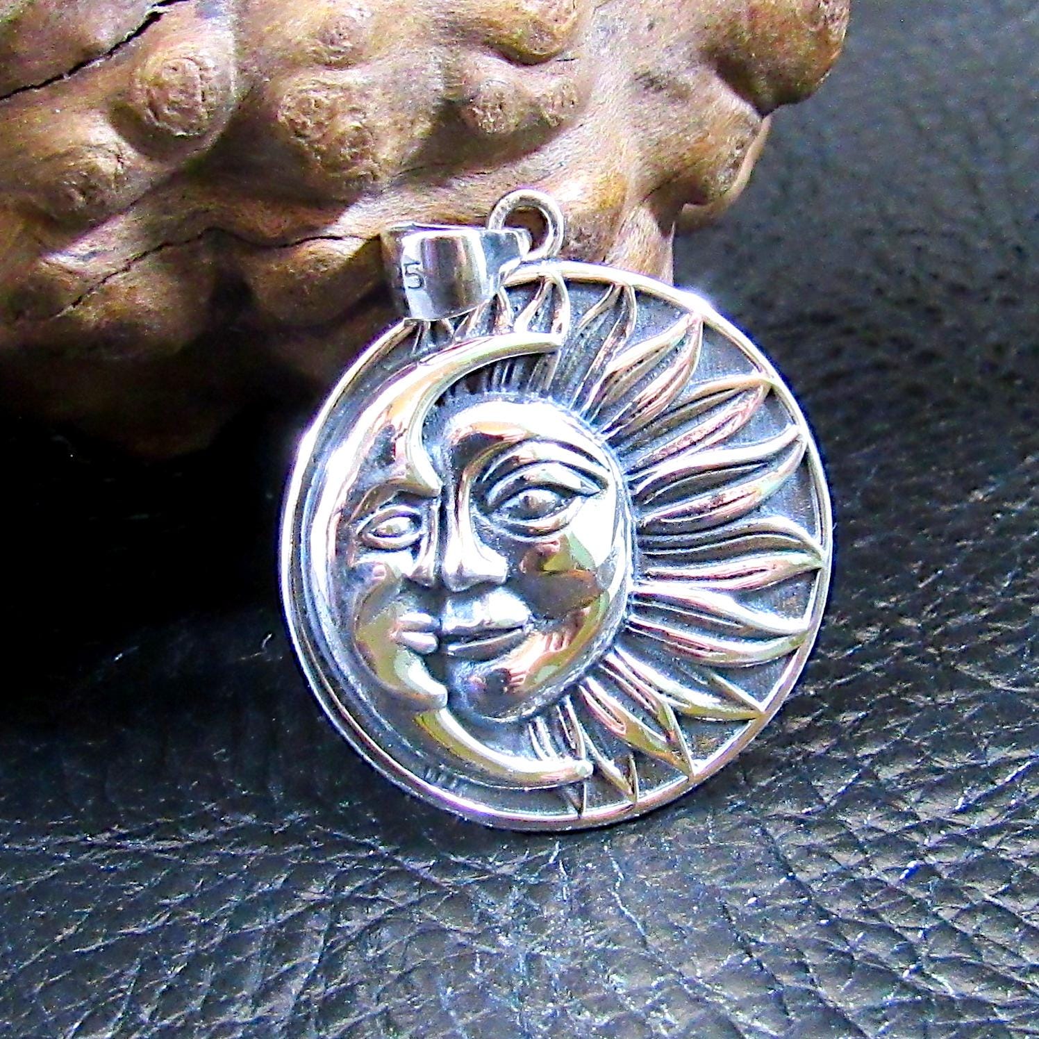 Solid 925 Sterling Silver Crescent Moon & Sun Rays with Faces Pendant - Celestial Jewelry Amulet - Cosmic Necklace Charm